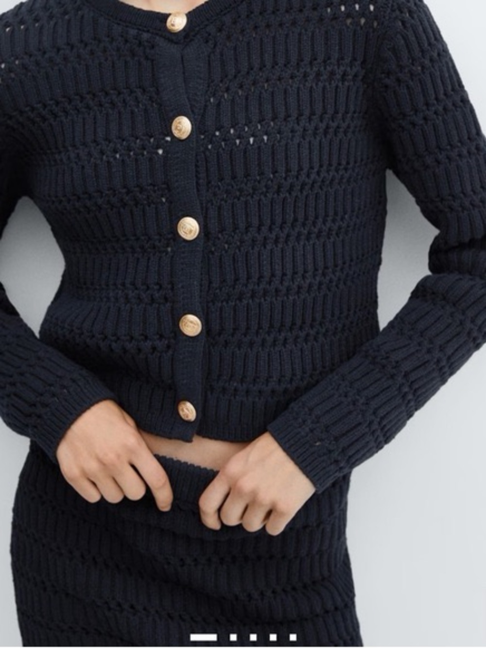 Mango Navy Open-Knit Cropped Cardigan with Gold Buttons
